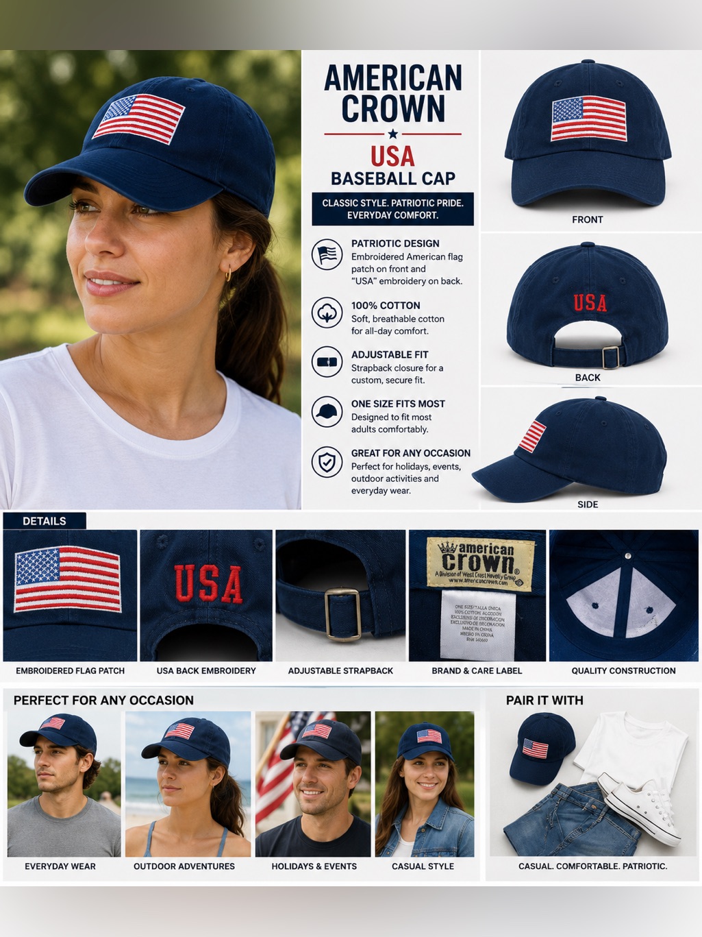 American Crown Usa American Flag Embroidered Strapback Baseball Cap Blue